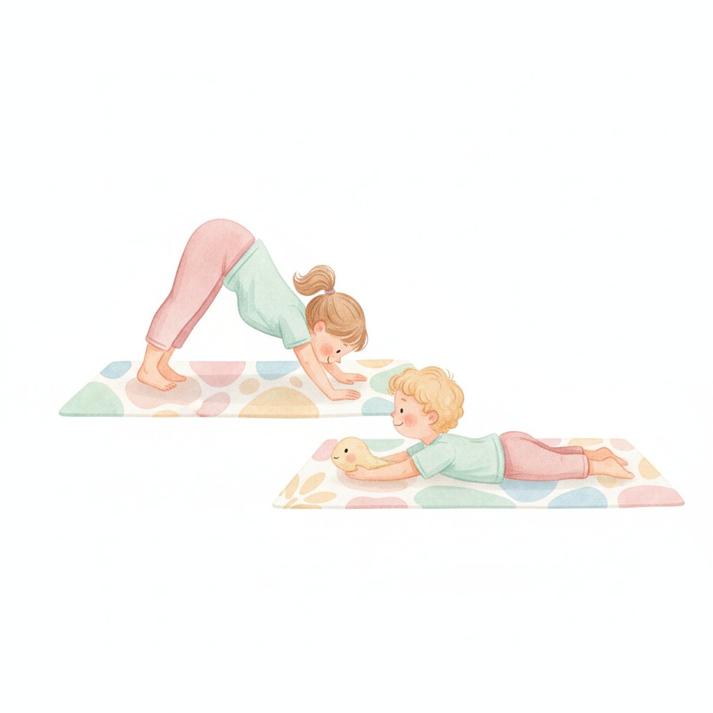 Children doing downward dog and cobra animal yoga poses