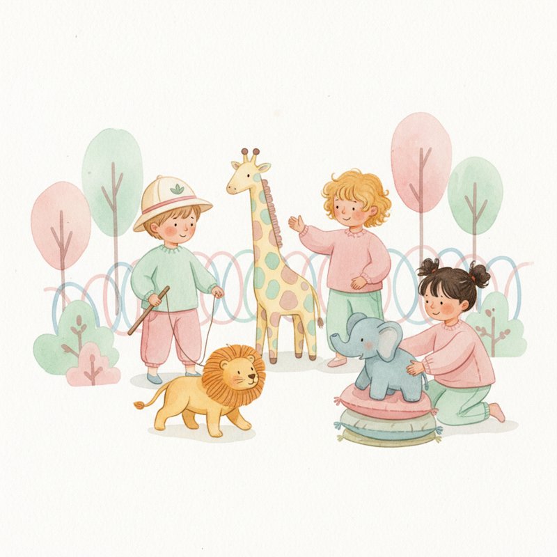Watercolor of children playing a pretend zoo with toy animals