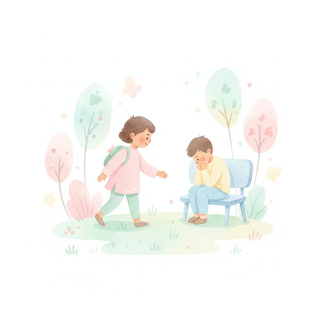 A child noticing a sad classmate and reaching out to help, soft watercolor