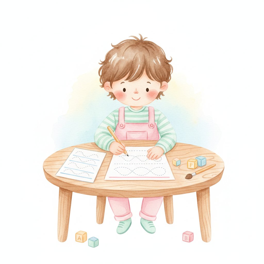 A child tracing a dotted practice worksheet with a pencil, a freshly printed sheet beside them