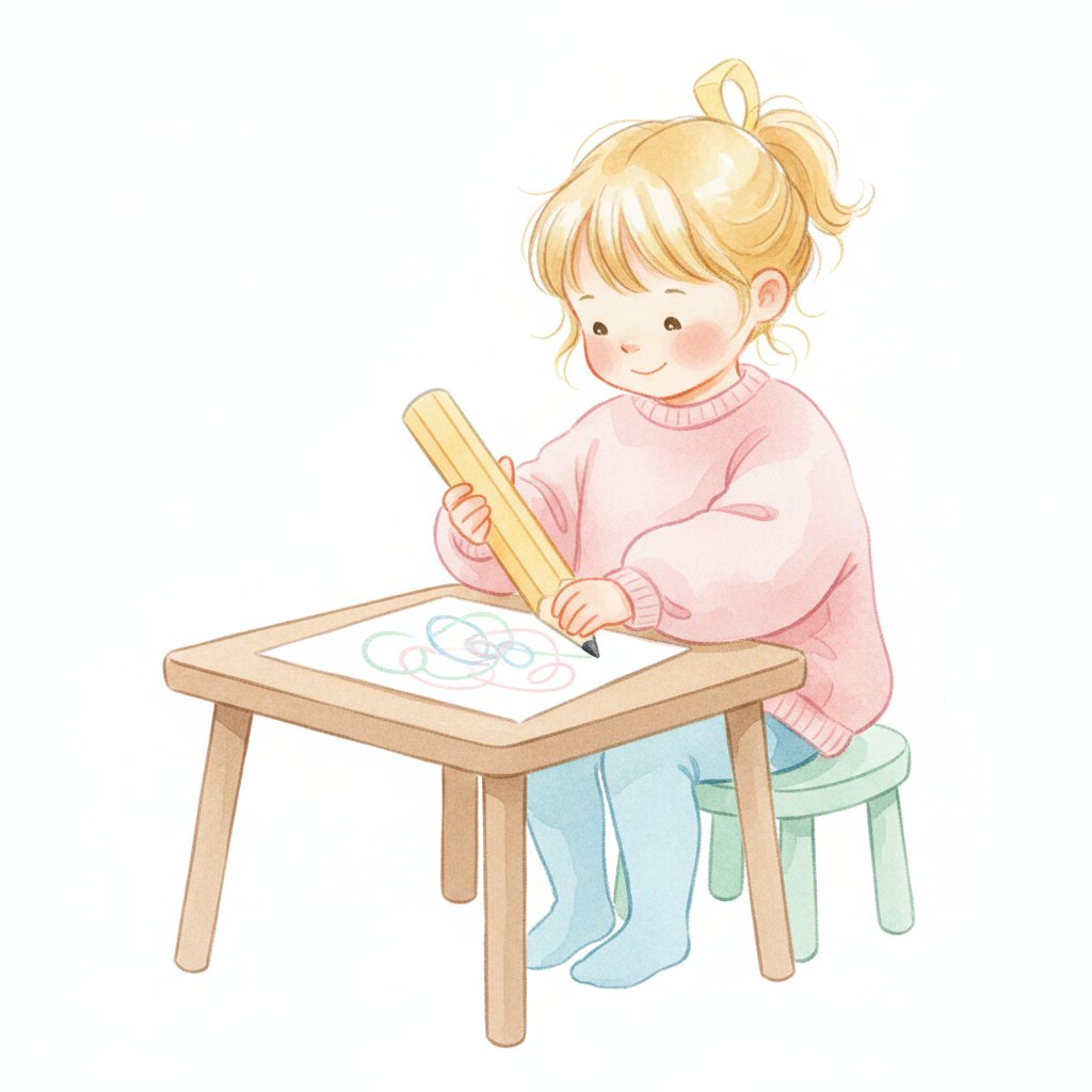 Watercolor illustration of a young child practicing writing at a small table at home