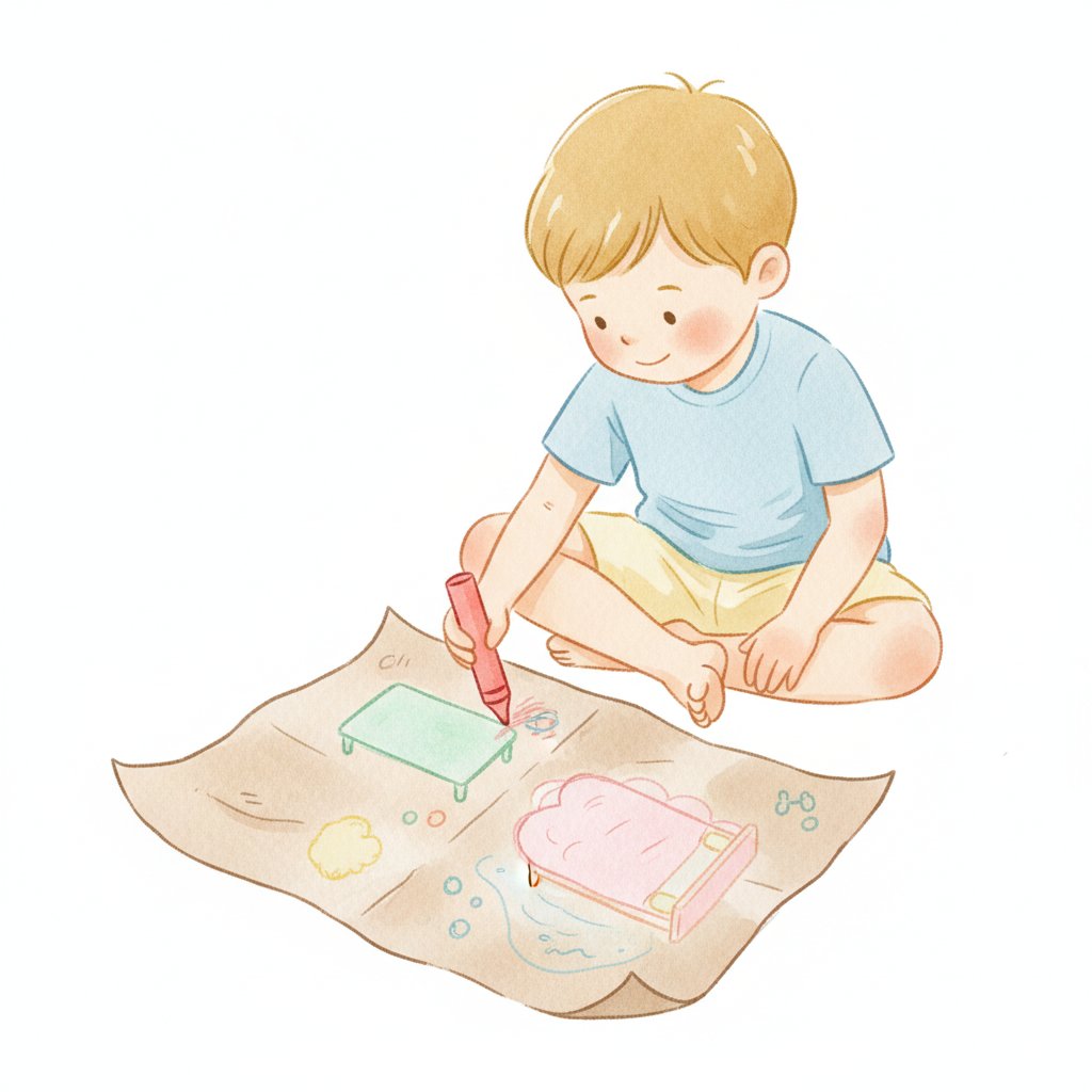 A child drawing a birds-eye map of their room with crayons