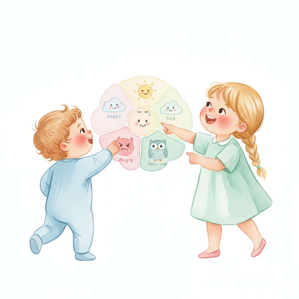 A toddler and an older child happily exploring a friendly feelings chart together, soft watercolor