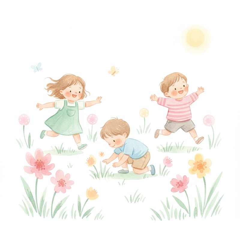 Watercolor illustration of cheerful preschoolers playing outdoors in a sunny backyard