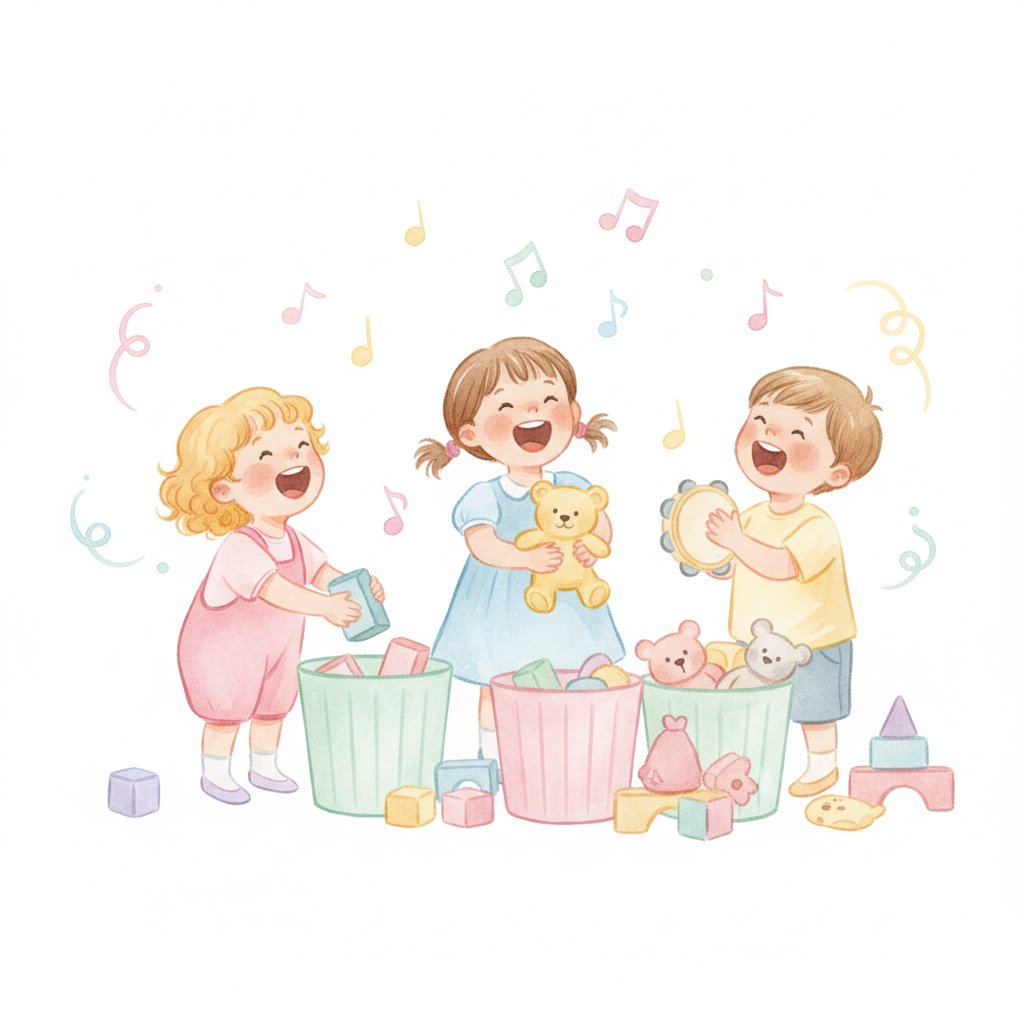Children singing together while putting toys away