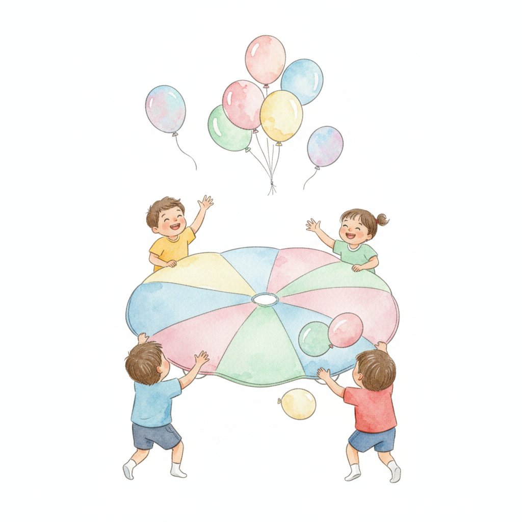 Young children joyfully keeping colorful balloons in the air together