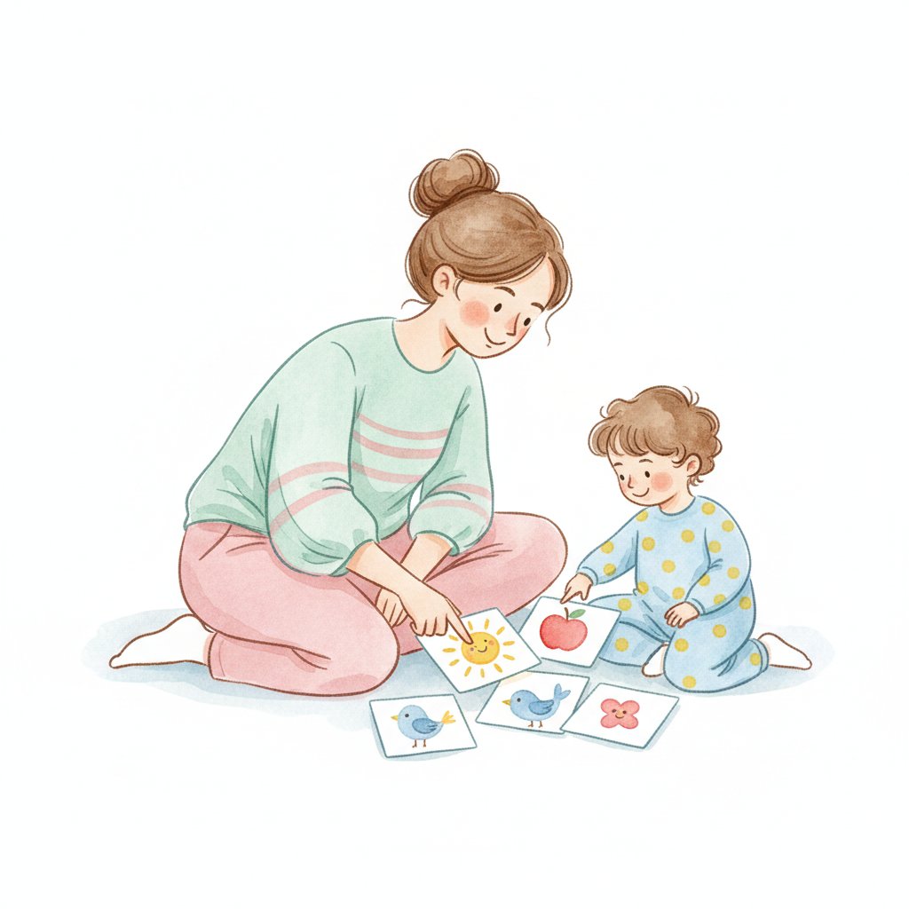 Parent and child happily talking and pointing at picture cards together