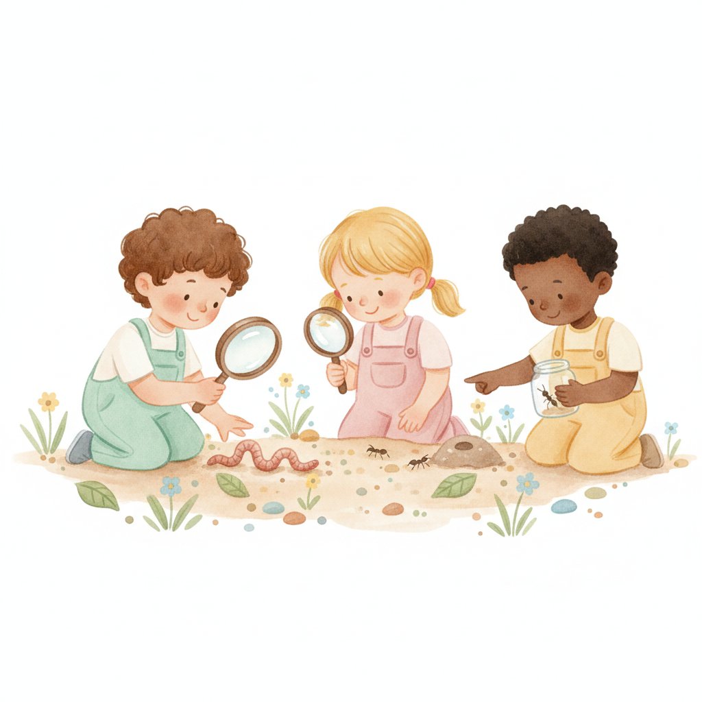 Children exploring ants and earthworms in garden soil