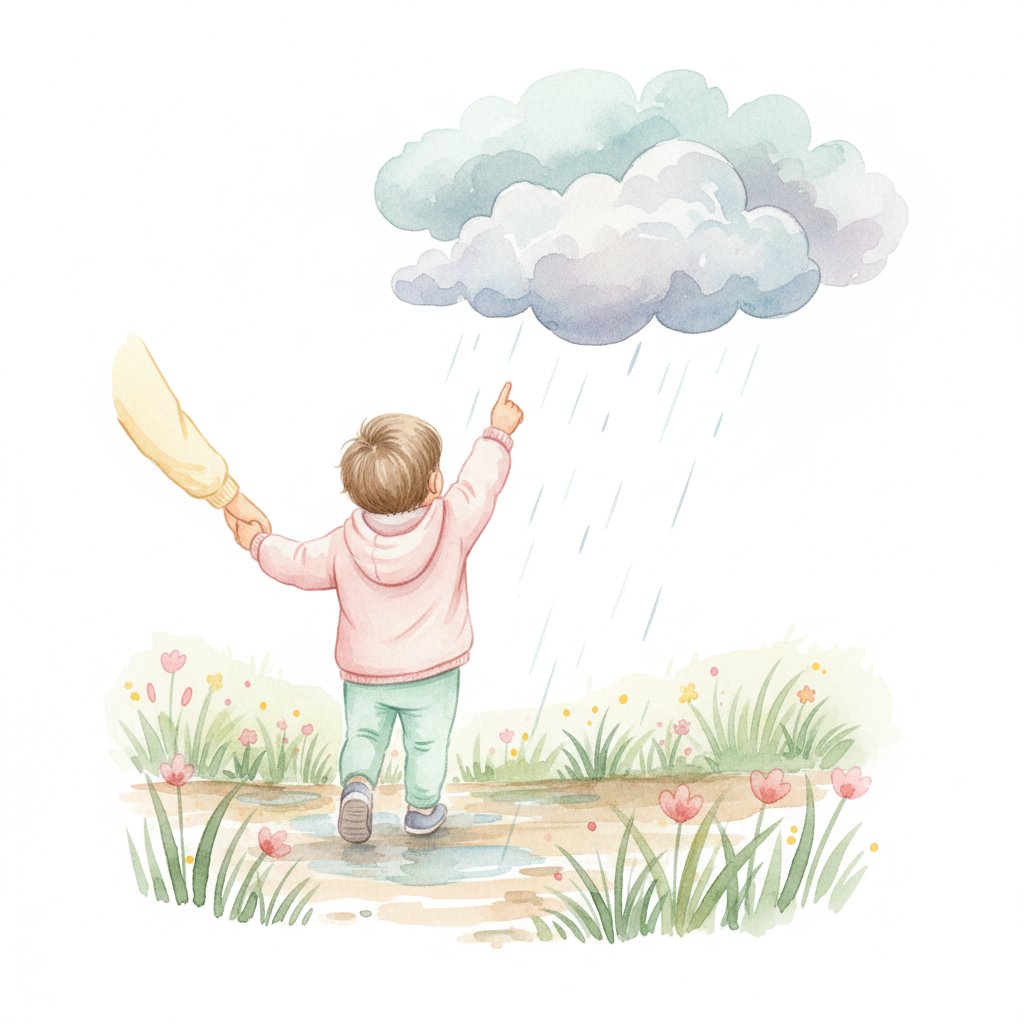 A child pointing at rain clouds in the sky