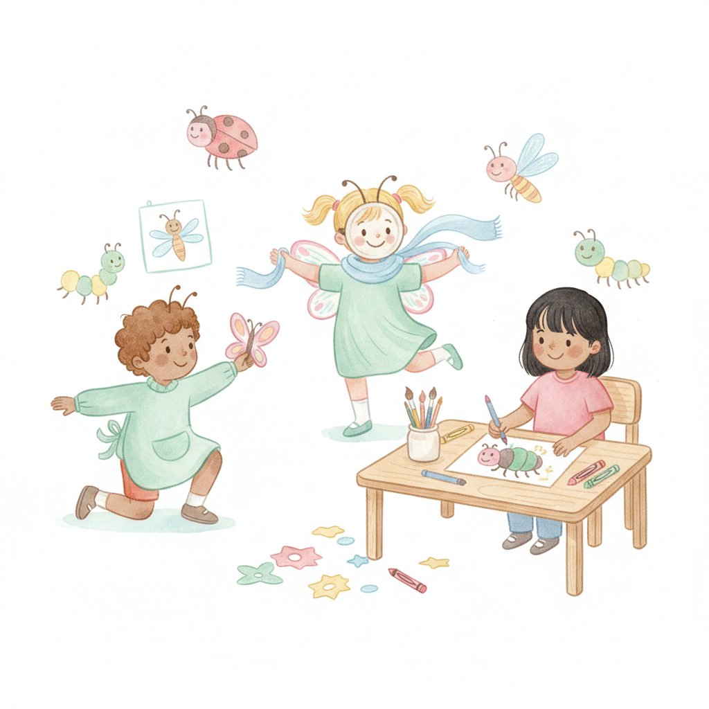 Children doing a bug craft and drawing colorful insects