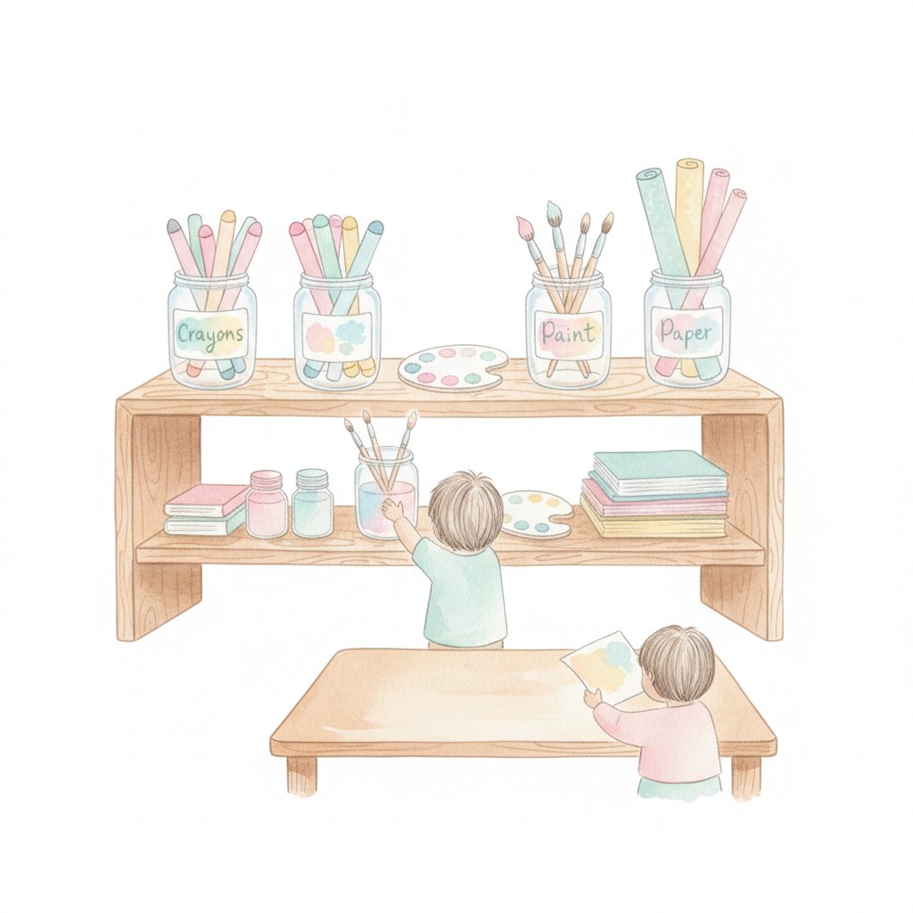 Organized preschool art center with labeled supply shelves children can reach