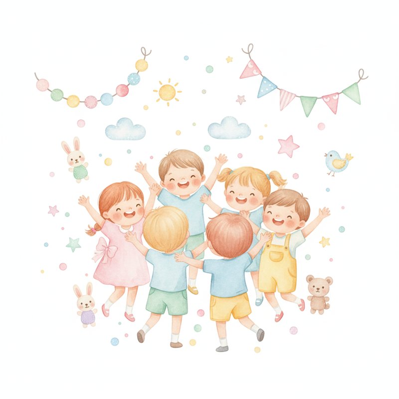 Watercolor illustration of children joyfully celebrating with festive decorations and crafts