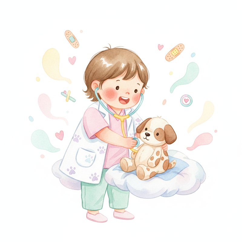 Watercolor illustration of a young child as a veterinarian examining a stuffed puppy with a toy stethoscope