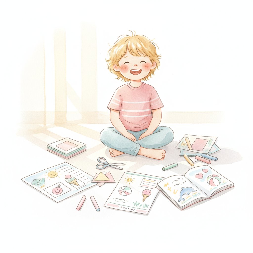 A child exploring a variety of summer learning activities and printables