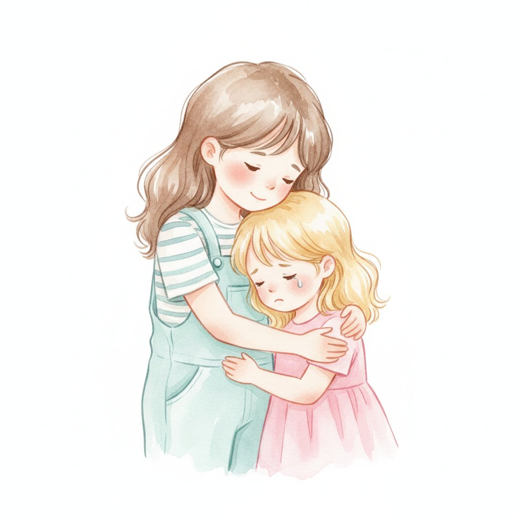 Watercolor illustration of a young child gently hugging and comforting a sad friend, showing empathy