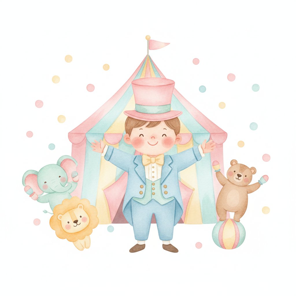 a smiling child ringmaster announcing a playful preschool circus show