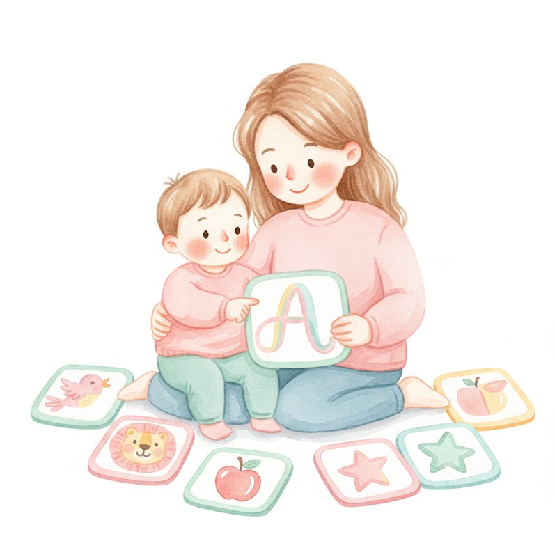 Watercolor illustration of a child and parent happily exploring colorful alphabet picture cards