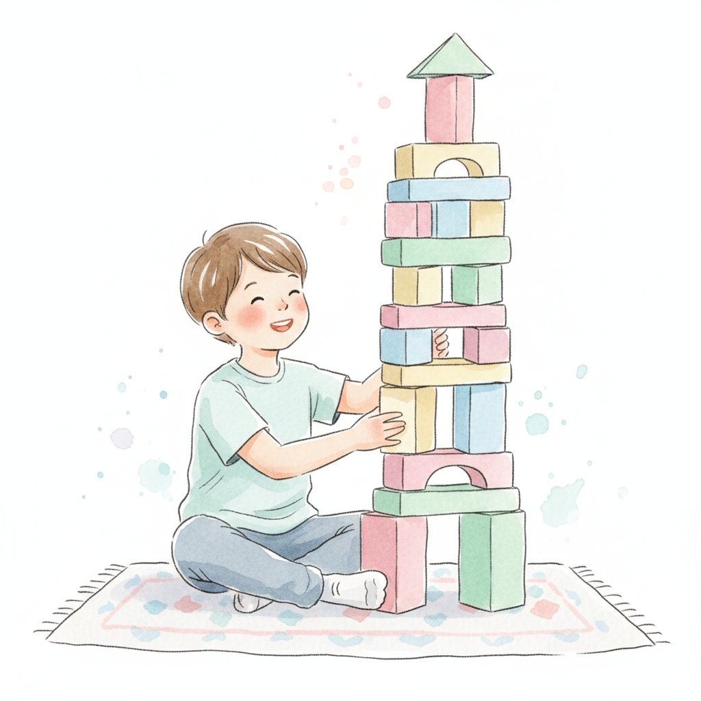 A young child building a tall wooden block tower