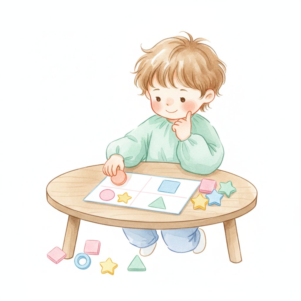 Child sorting shapes by two attributes on a chart