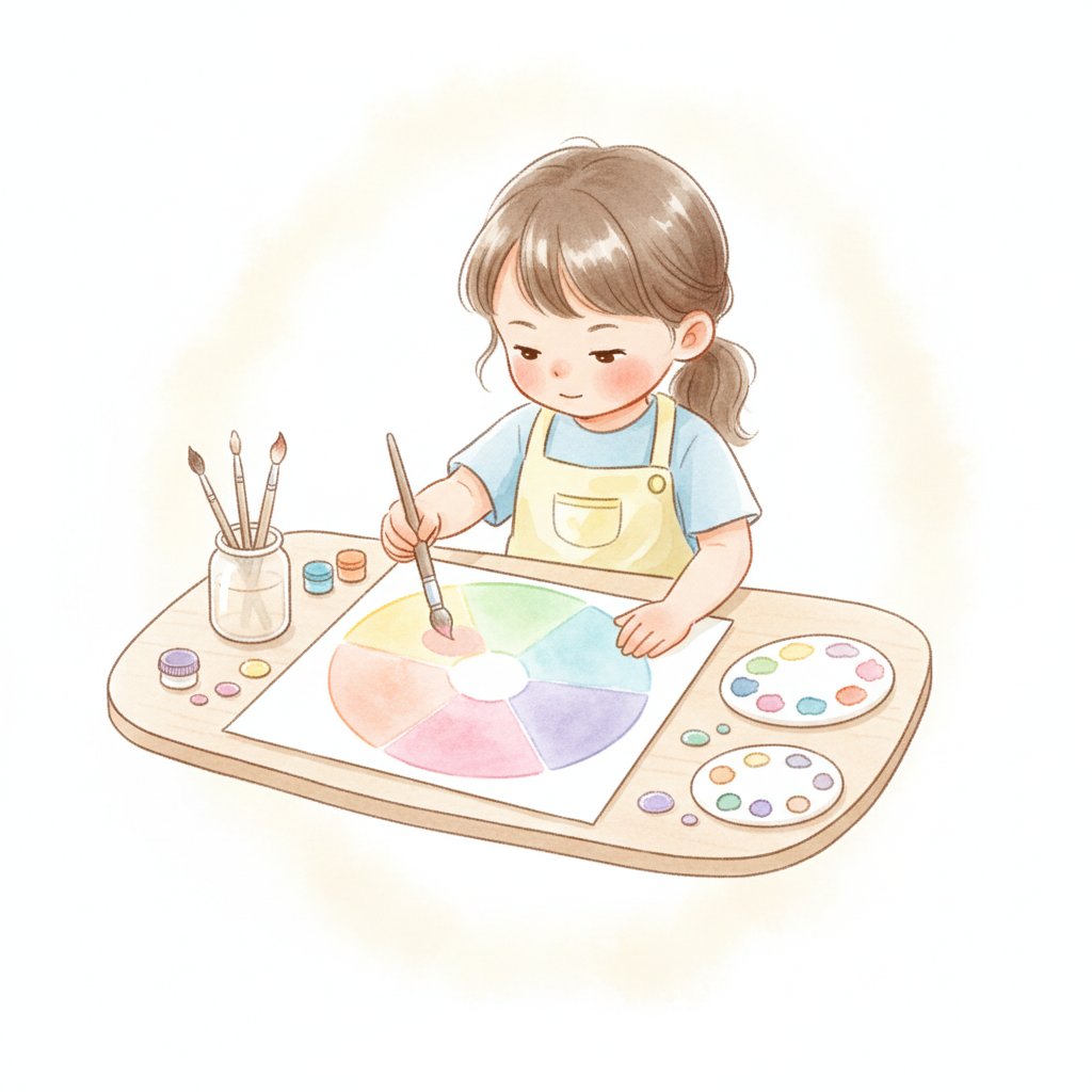 Older preschooler painting a colourful colour wheel