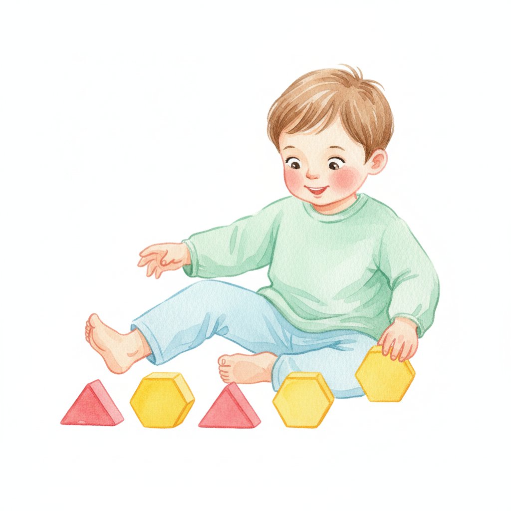 Watercolor illustration of a child lining up hexagon and trapezoid blocks in a row