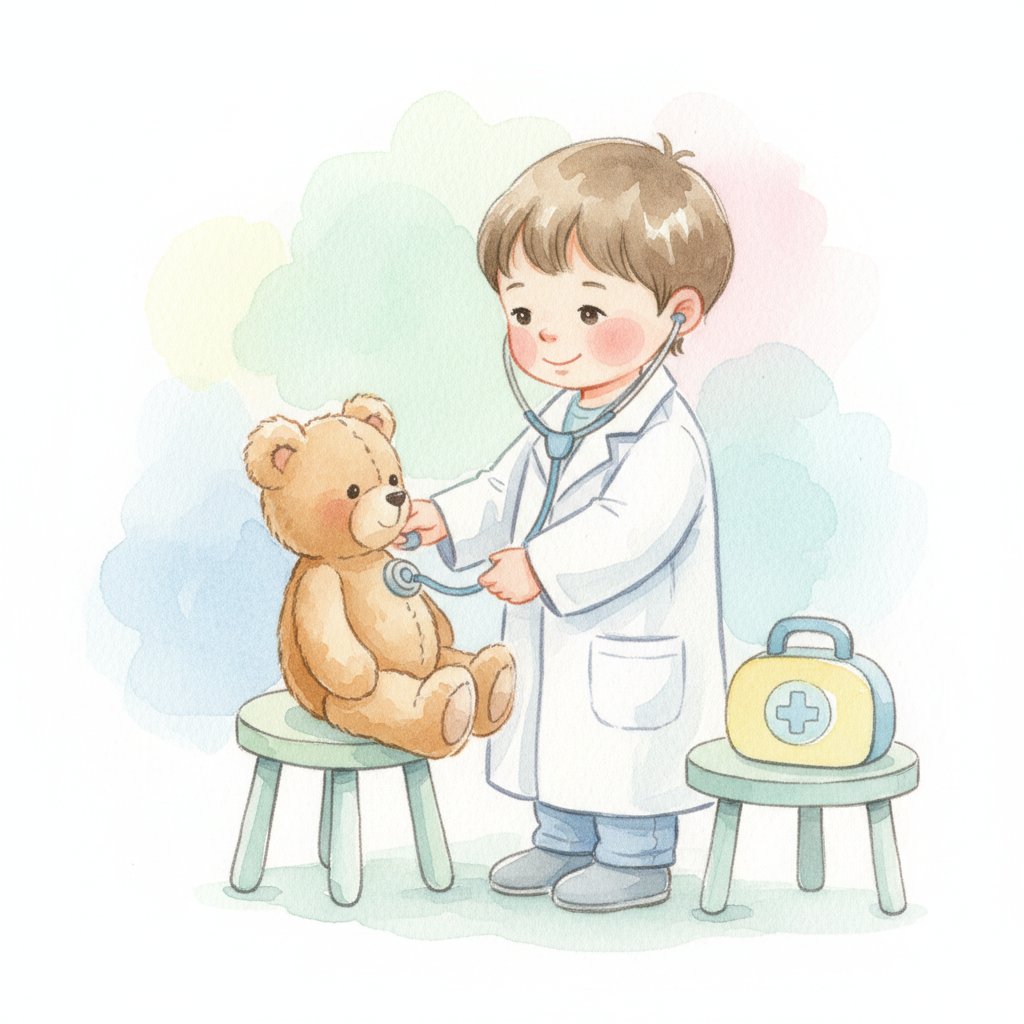 Child in a white coat listening to a teddy bear heart with a toy stethoscope