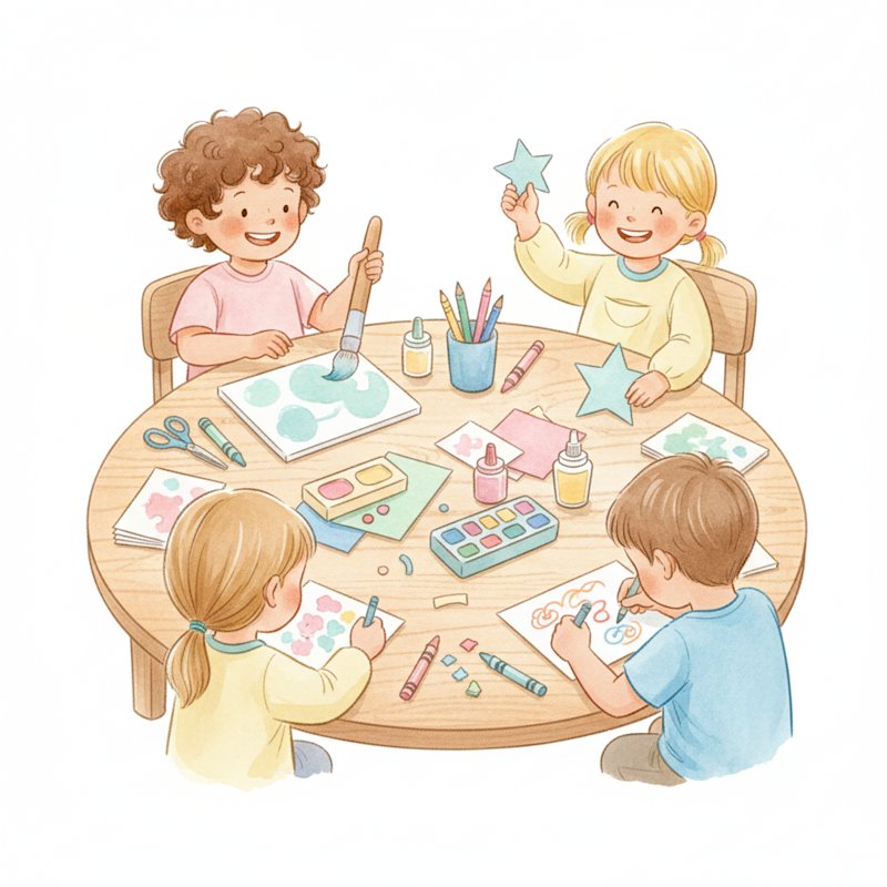 Preschoolers painting drawing and crafting together at an art table
