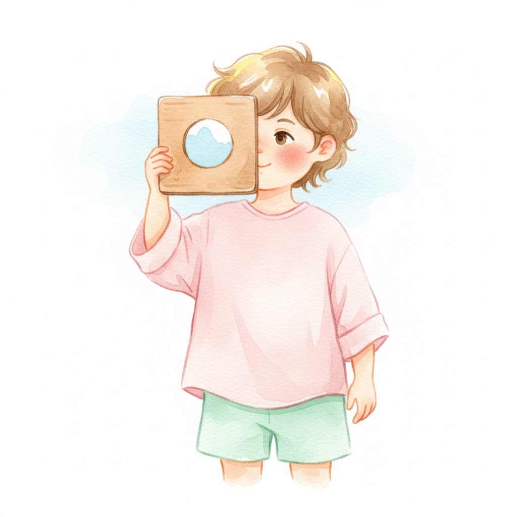 Watercolor illustration of a child looking through a cardboard frame viewfinder