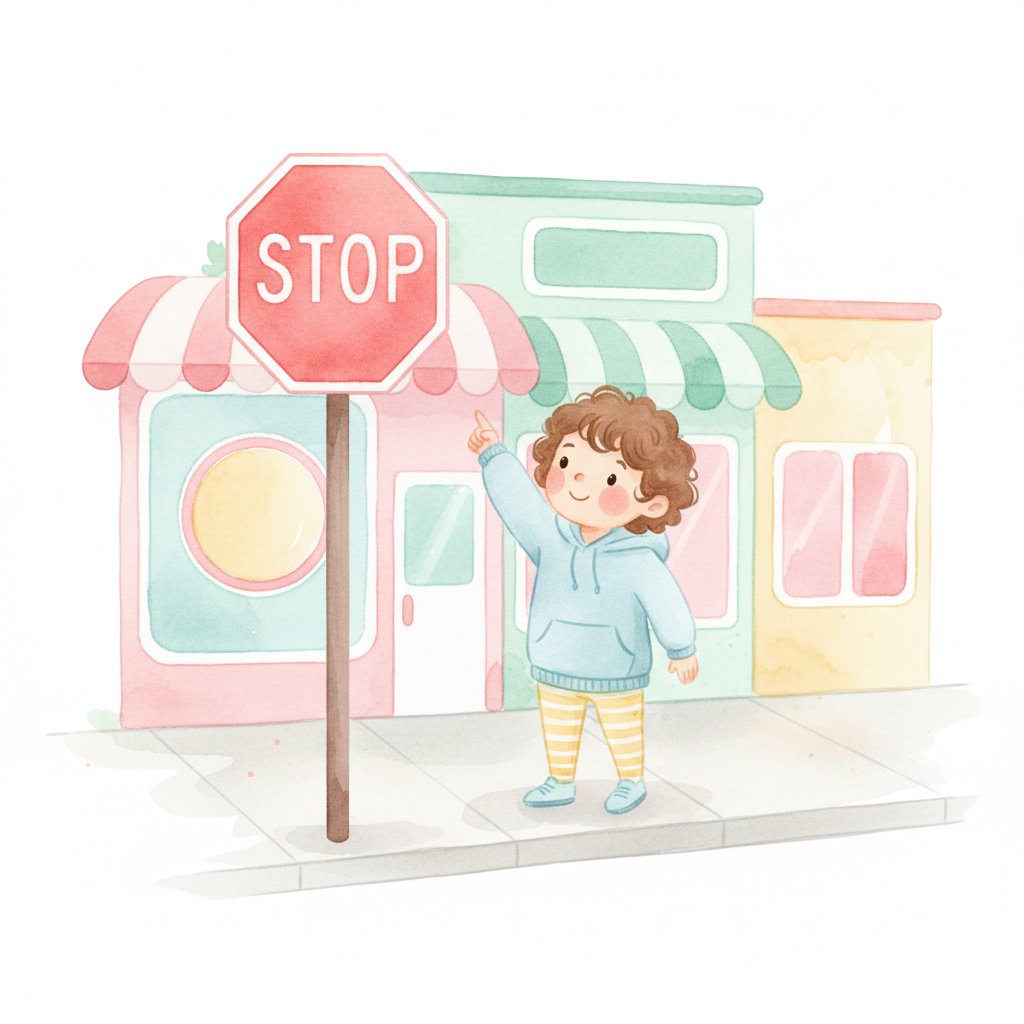 Young child pointing at shapes on signs during a walk outside
