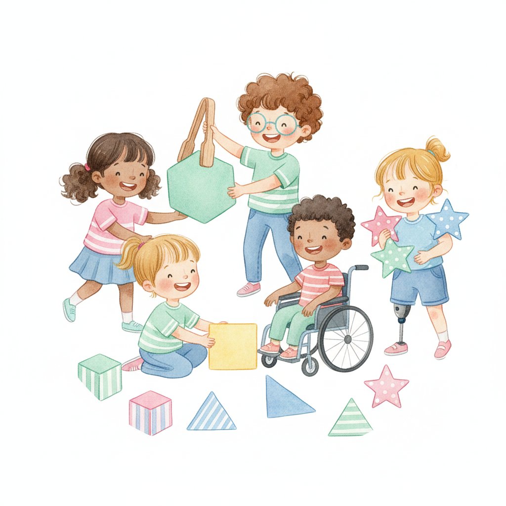 Watercolor illustration of a diverse inclusive group of children playing with large pattern blocks