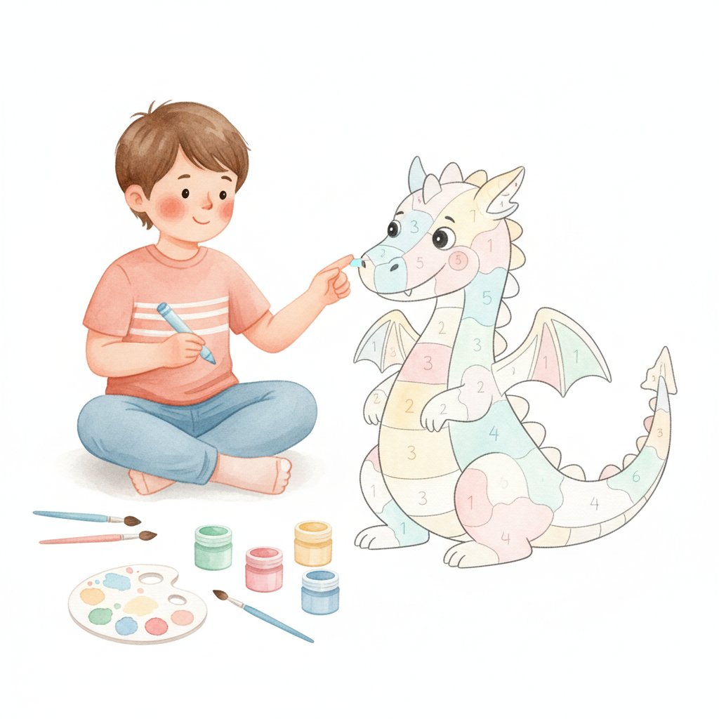 A child coloring and counting regions in a color-by-number activity