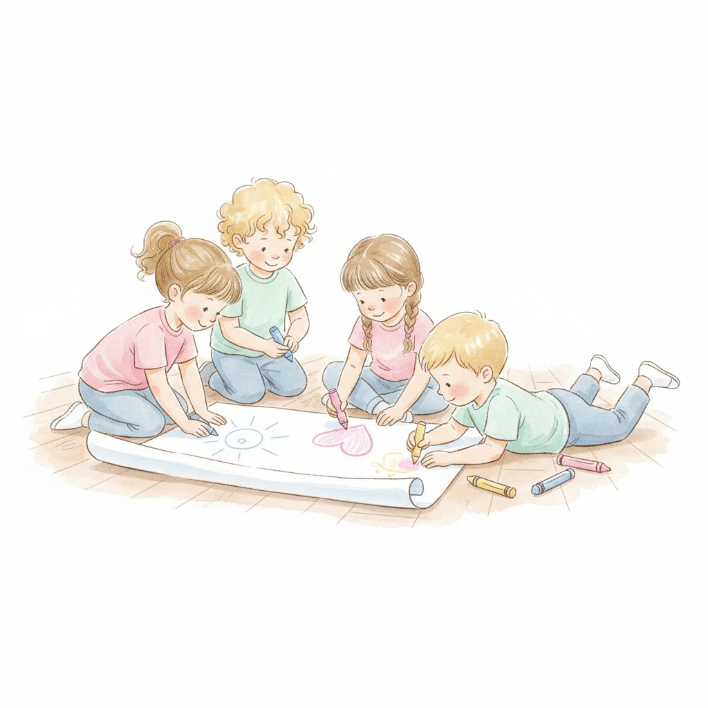 Children drawing and coloring together with crayons on a big sheet of paper
