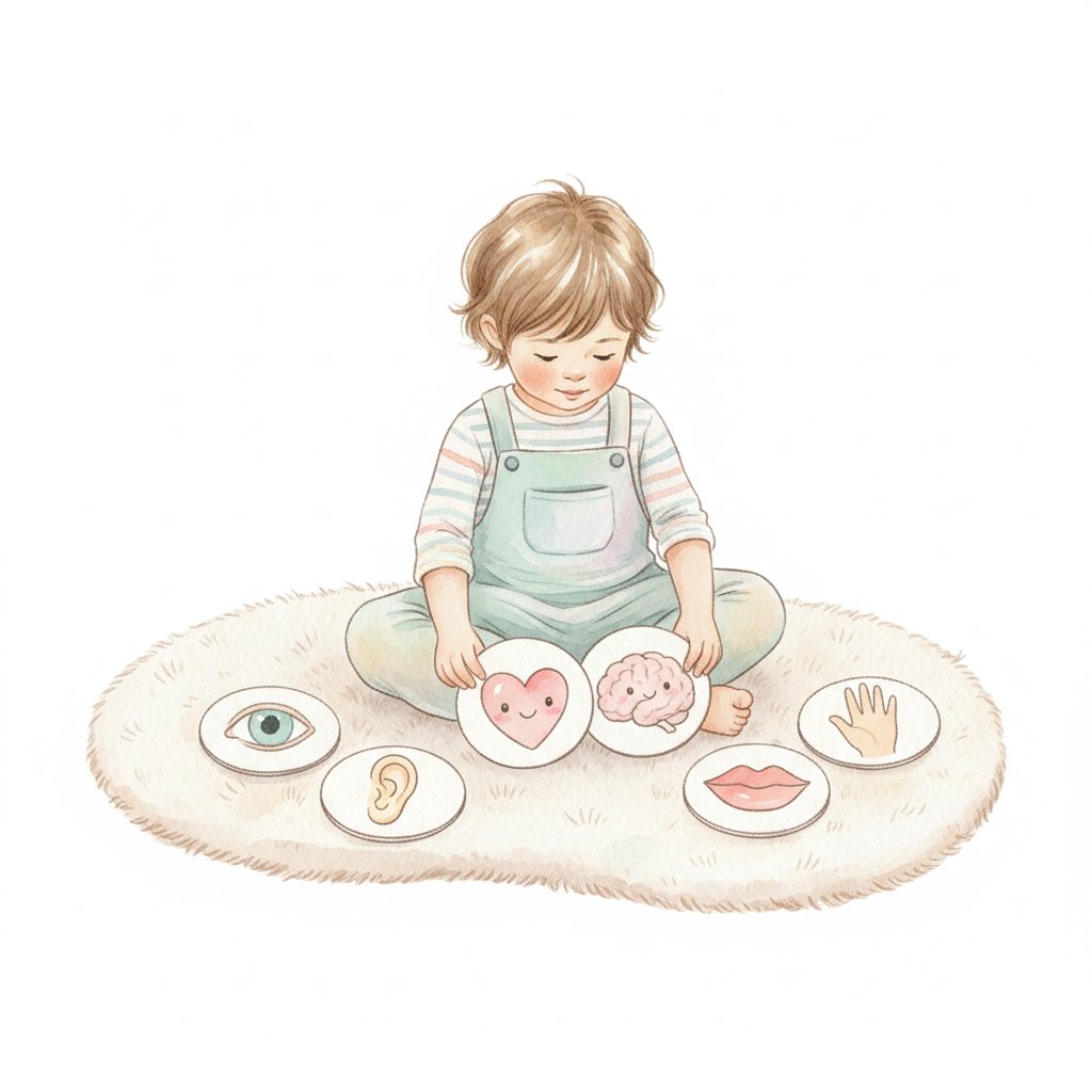 a young child matching picture cards of body parts on a soft rug
