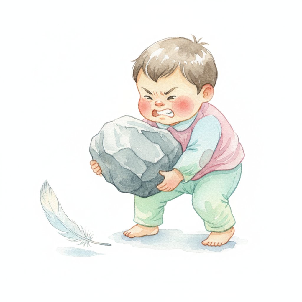 Watercolor illustration of a child lifting a heavy rock while a light feather floats nearby