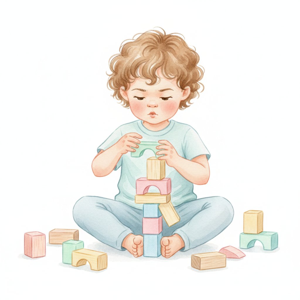 Watercolor illustration of a determined child rebuilding a fallen block tower