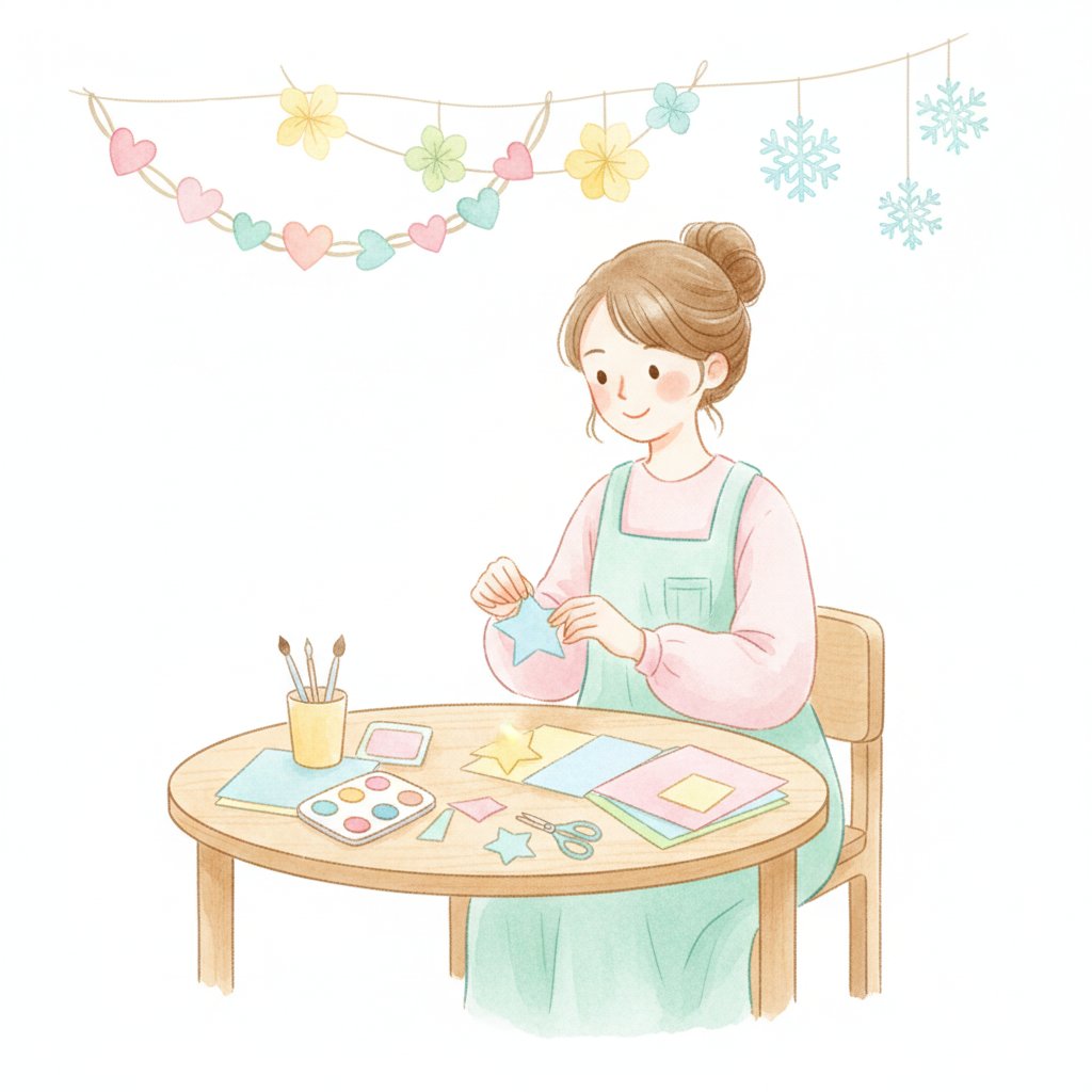 a teacher making simple handmade paper decorations for the classroom