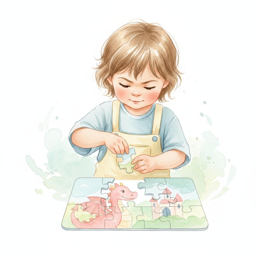 Watercolor illustration of a focused child persevering on a challenging puzzle