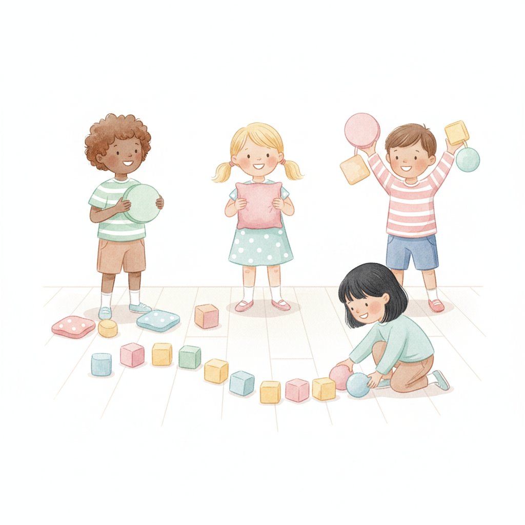 Cheerful young children indoors on a color and shape hunt, holding up colorful objects they found