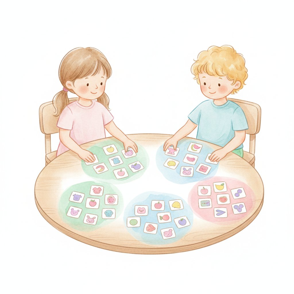 Two children sorting colorful picture cards into groups on a table