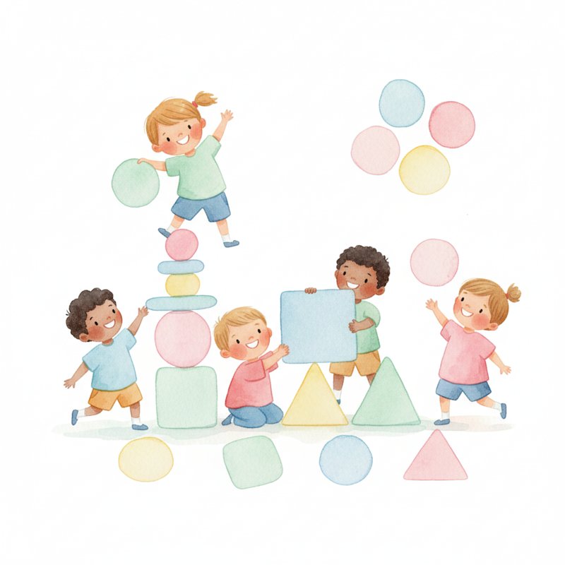 Watercolor of children playing with colorful shapes