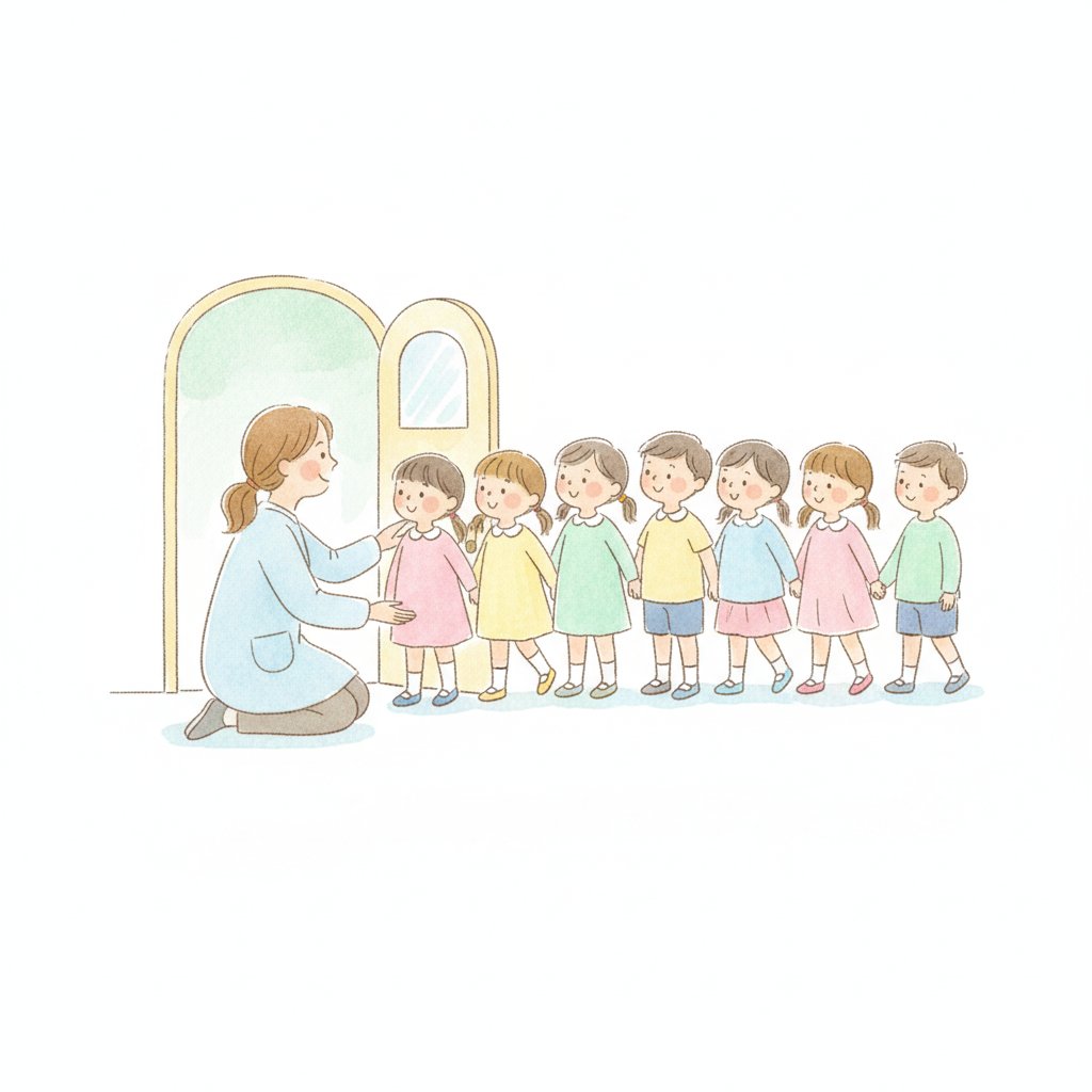 Watercolor illustration of preschoolers lining up calmly at the door during a practice fire drill with a teacher