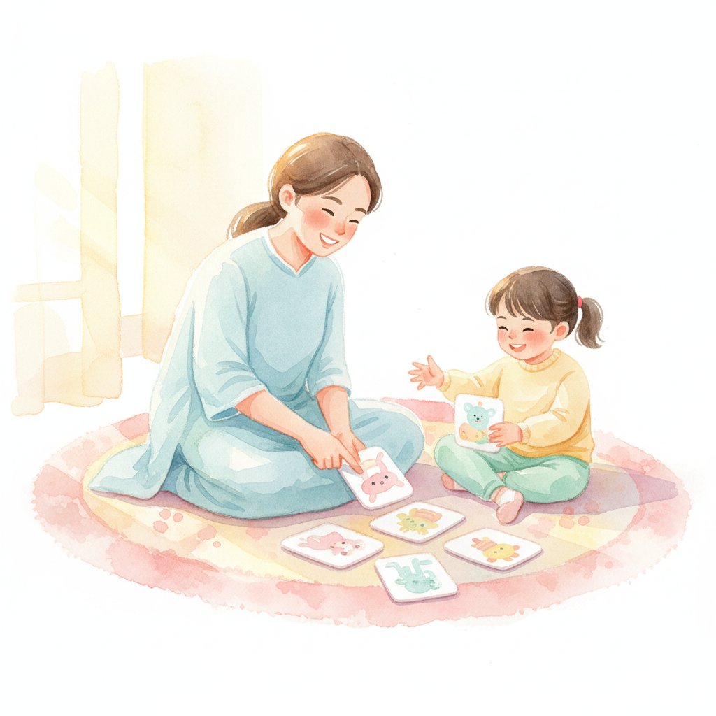 A warm parent and child happily playing a picture card game together at home, soft watercolor
