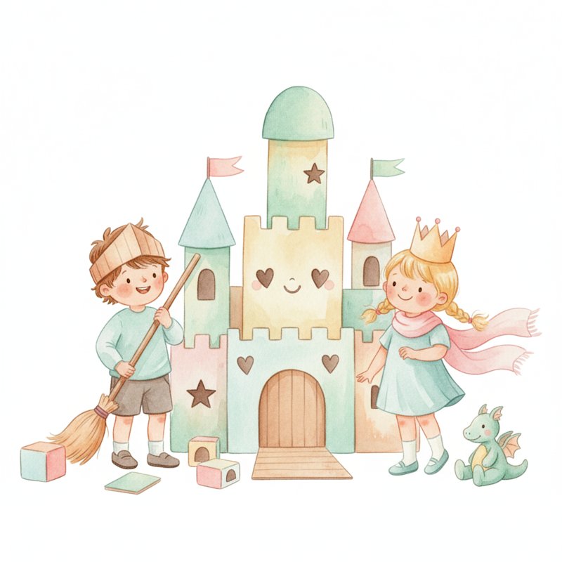 cheerful young children playing knights and royals beside a friendly cardboard castle