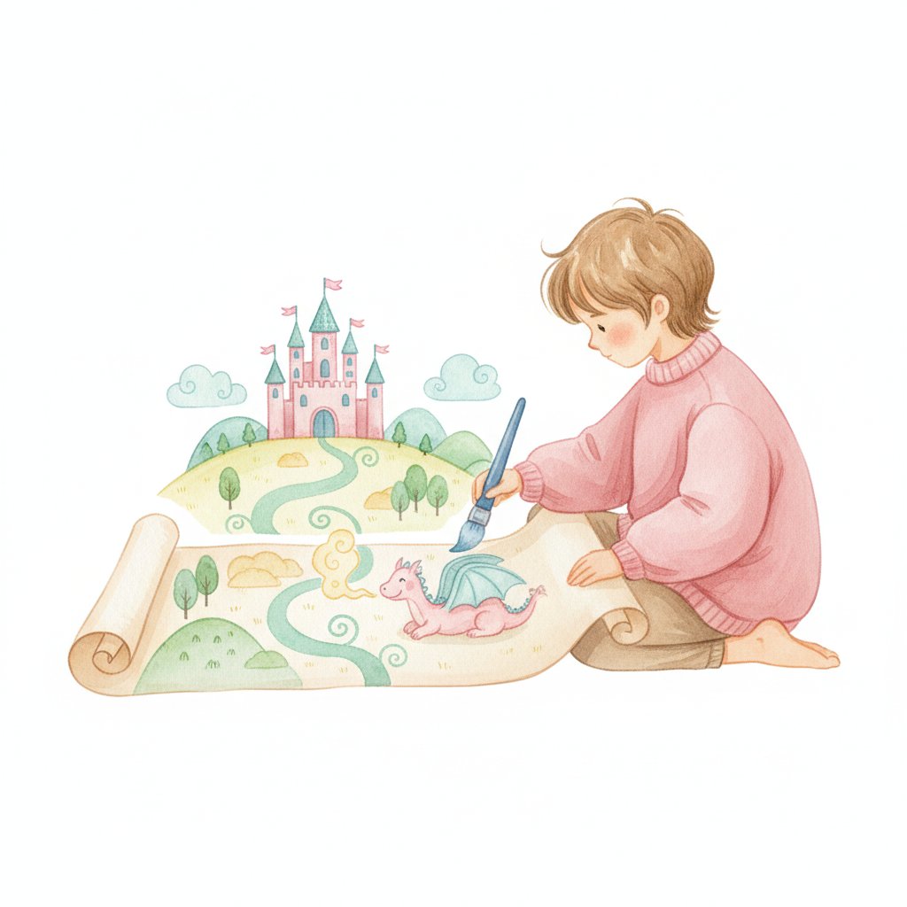 a child drawing a castle map with a winding path and a gentle dragon