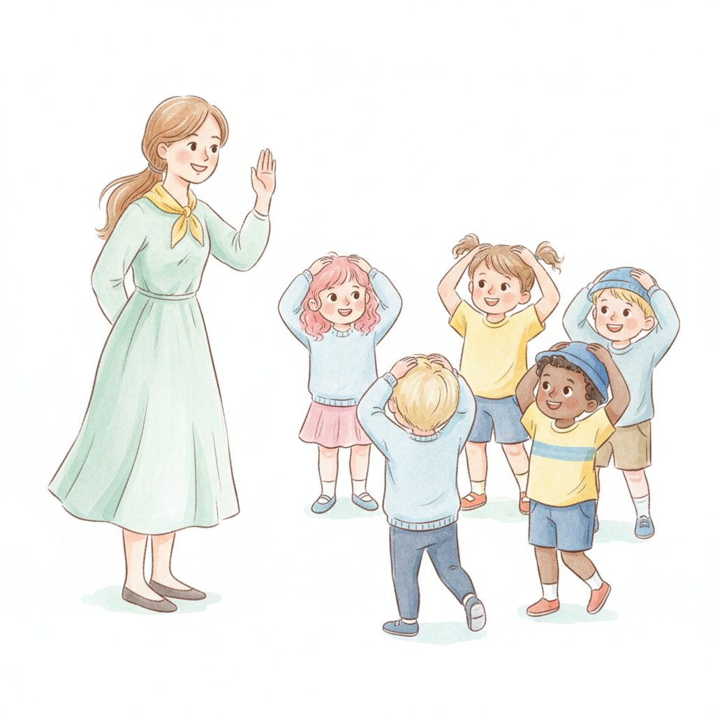 A teacher leading a call-and-response while children freeze with hands on heads