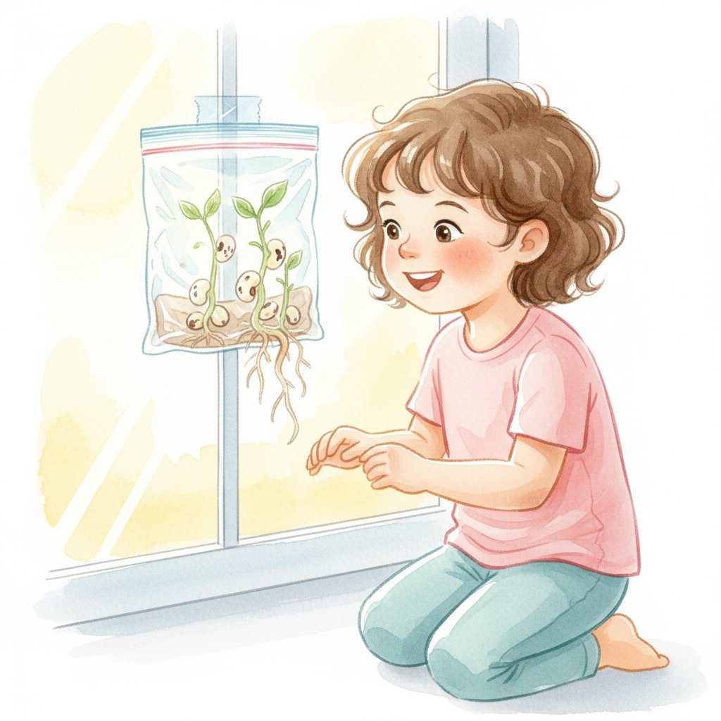 A young child looking at bean seeds sprouting roots inside a clear bag taped to a sunny window