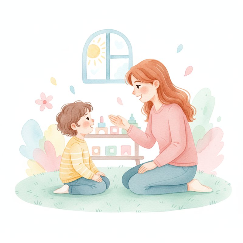 Watercolor illustration of a young child attentively listening to a parent giving a spoken instruction
