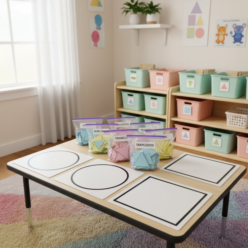 Organized classroom learning center with labeled shape bags and target mats