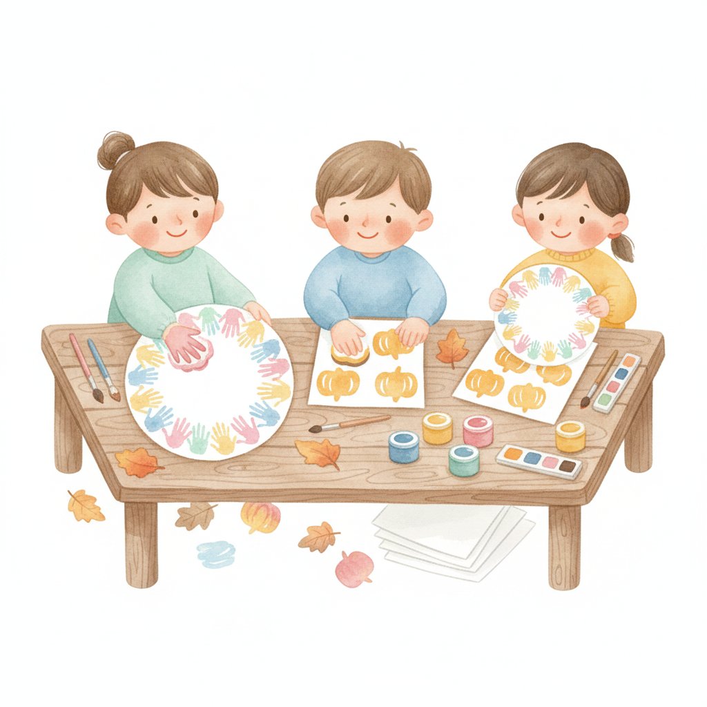 Children making seasonal handprint and stamp crafts at a craft table