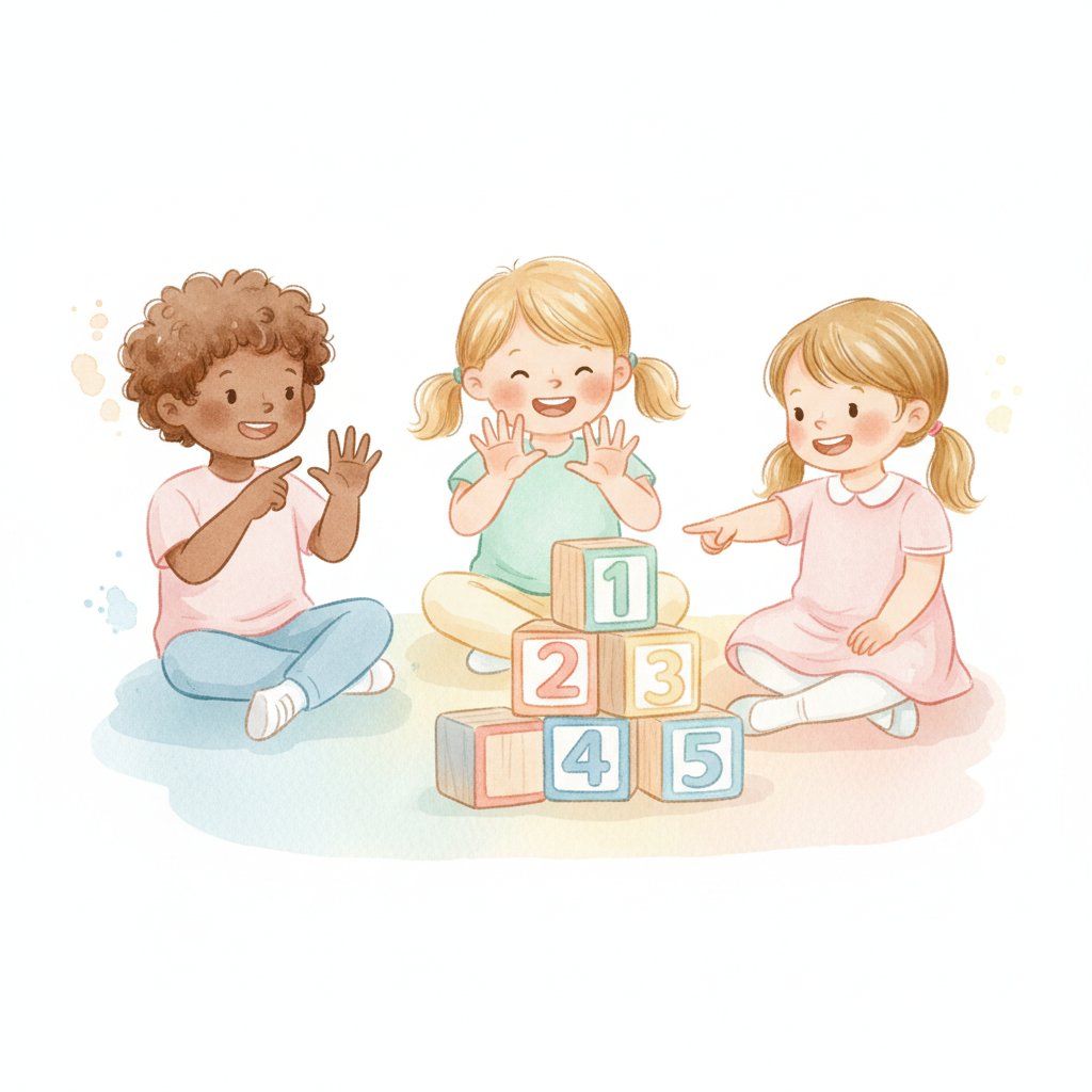 Children counting on fingers and with number blocks